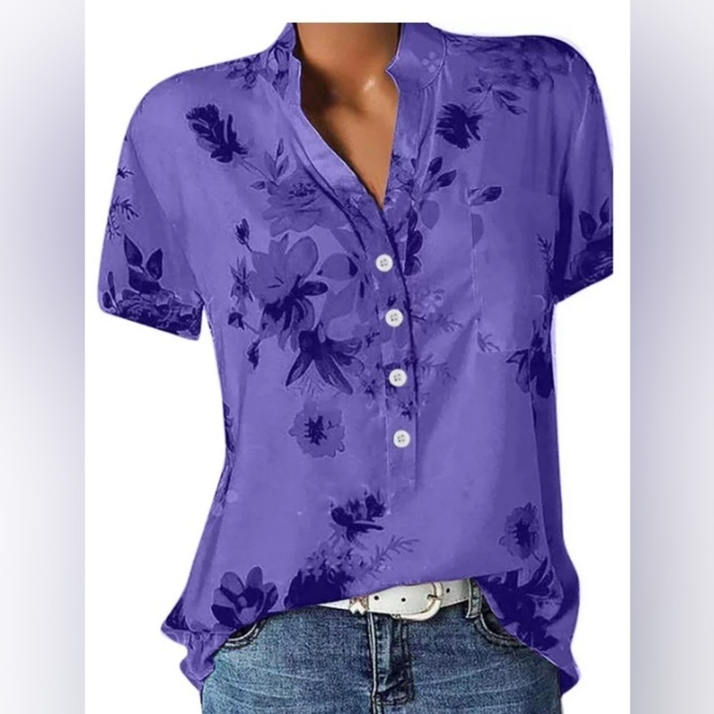 NEW - Women's Tunic with Pocket Flowy Short Sleeve Flower Print Split V Neck